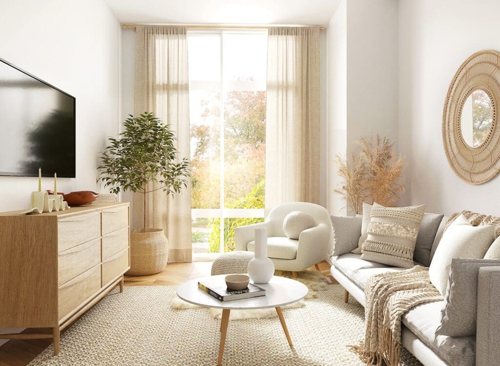 Woonkamer met een zithoek en natuurlijke materialen